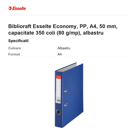 Biblioraft Esselte Economy, PP, A4, 50 mm, capacitate 350 coli (80 g/mp), albastru [2]