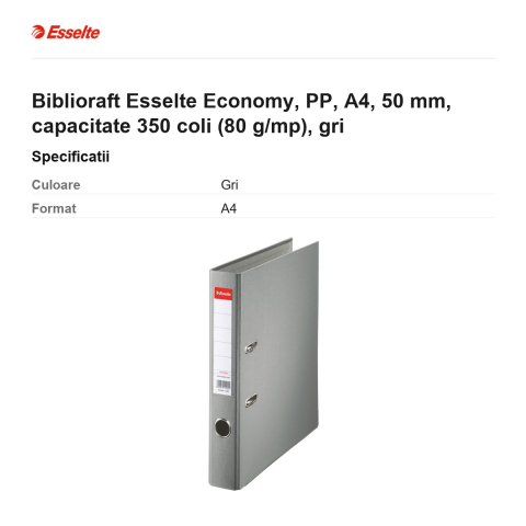Biblioraft Esselte Economy, PP, A4, 50 mm, capacitate 350 coli (80 g/mp), gri [2]