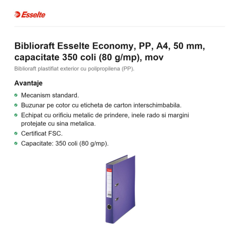 Biblioraft Esselte Economy, PP, A4, 50 mm, capacitate 350 coli (80 g/mp), mov [1]