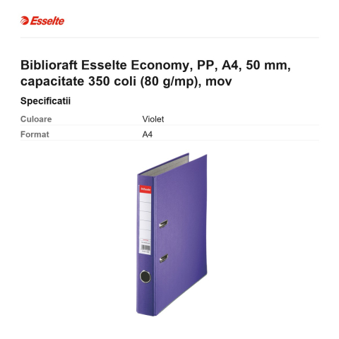 Biblioraft Esselte Economy, PP, A4, 50 mm, capacitate 350 coli (80 g/mp), mov [2]