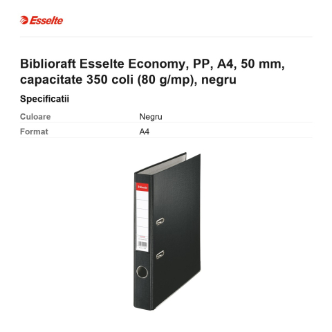 Biblioraft Esselte Economy, PP, A4, 50 mm, capacitate 350 coli (80 g/mp), negru [2]