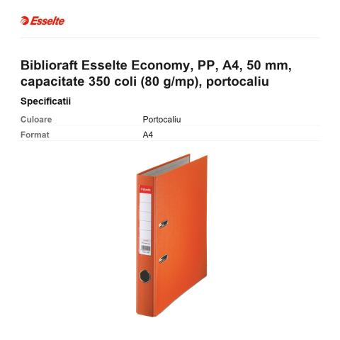 Biblioraft Esselte Economy, PP, A4, 50 mm, capacitate 350 coli (80 g/mp), portocaliu [2]