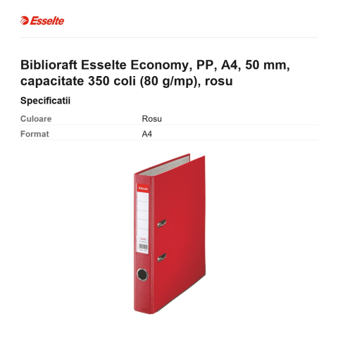 Biblioraft Esselte Economy, PP, A4, 50 mm, capacitate 350 coli (80 g/mp), rosu [2]