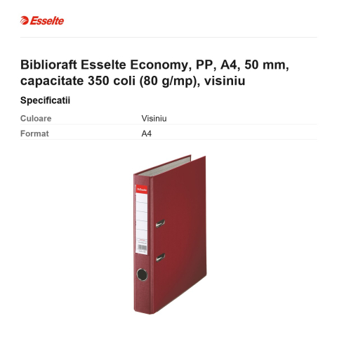 Biblioraft Esselte Economy, PP, A4, 50 mm, capacitate 350 coli (80 g/mp), visiniu [2]