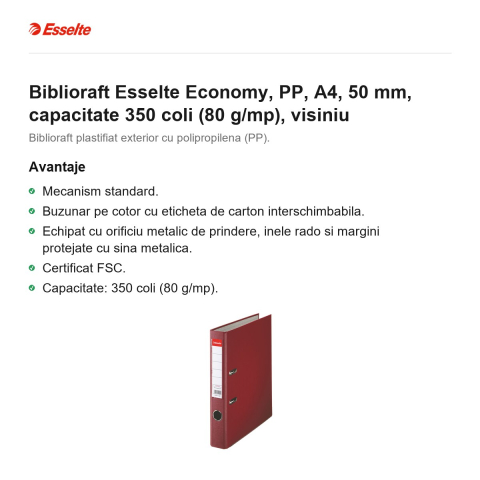 Biblioraft Esselte Economy, PP, A4, 50 mm, capacitate 350 coli (80 g/mp), visiniu [1]