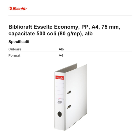 Biblioraft Esselte Economy, PP, A4, 75 mm, capacitate 500 coli (80 g/mp), alb [2]