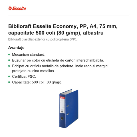 Biblioraft Esselte Economy, PP, A4, 75 mm, capacitate 500 coli (80 g/mp), albastru [1]
