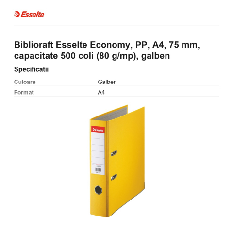 Biblioraft Esselte Economy, PP, A4, 75 mm, capacitate 500 coli (80 g/mp), galben [2]