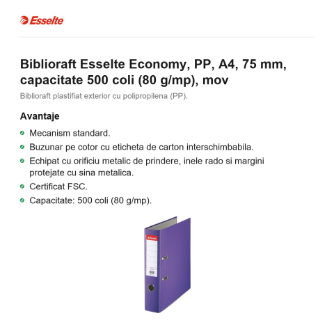 Biblioraft Esselte Economy, PP, A4, 75 mm, capacitate 500 coli (80 g/mp), mov [1]