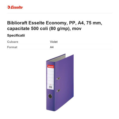 Biblioraft Esselte Economy, PP, A4, 75 mm, capacitate 500 coli (80 g/mp), mov [2]