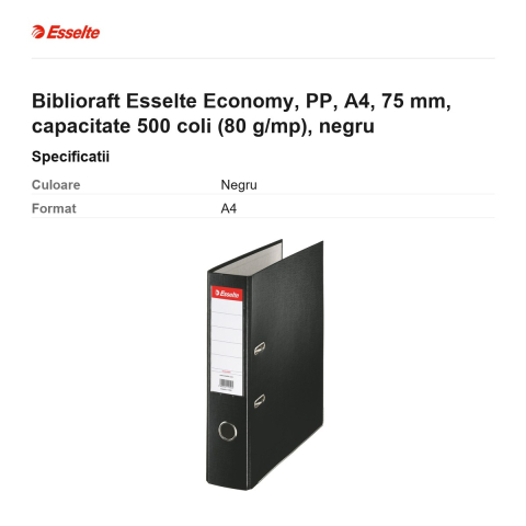 Biblioraft Esselte Economy, PP, A4, 75 mm, capacitate 500 coli (80 g/mp), negru [2]