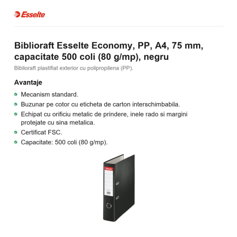 Biblioraft Esselte Economy, PP, A4, 75 mm, capacitate 500 coli (80 g/mp), negru [1]
