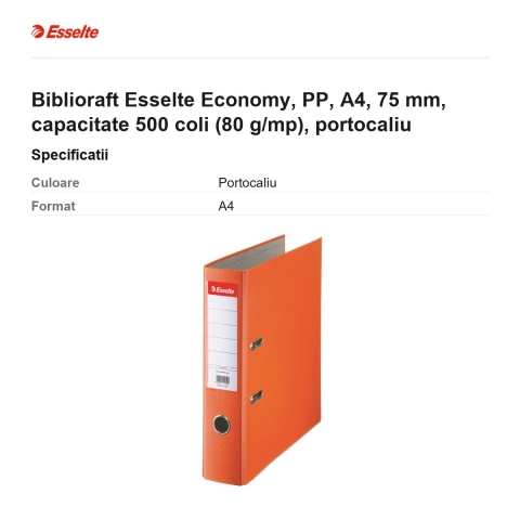Biblioraft Esselte Economy, PP, A4, 75 mm, capacitate 500 coli (80 g/mp), portocaliu [2]