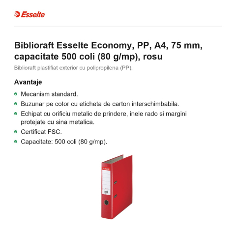 Biblioraft Esselte Economy, PP, A4, 75 mm, capacitate 500 coli (80 g/mp), rosu [1]