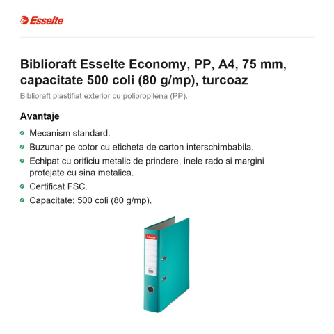 Biblioraft Esselte Economy, PP, A4, 75 mm, capacitate 500 coli (80 g/mp), turcoaz [1]
