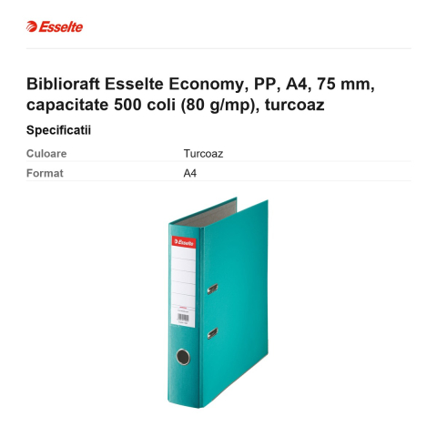 Biblioraft Esselte Economy, PP, A4, 75 mm, capacitate 500 coli (80 g/mp), turcoaz [2]
