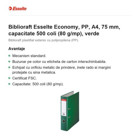 Biblioraft Esselte Economy, PP, A4, 75 mm, capacitate 500 coli (80 g/mp), verde [1]