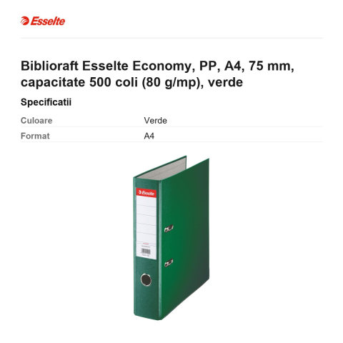 Biblioraft Esselte Economy, PP, A4, 75 mm, capacitate 500 coli (80 g/mp), verde [2]