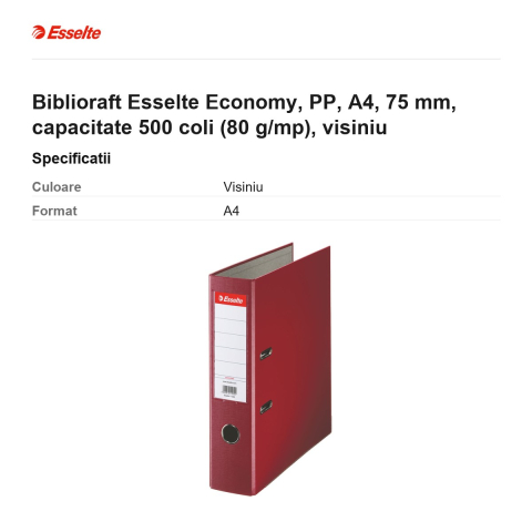 Biblioraft Esselte Economy, PP, A4, 75 mm, capacitate 500 coli (80 g/mp), visiniu [2]