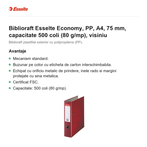 Biblioraft Esselte Economy, PP, A4, 75 mm, capacitate 500 coli (80 g/mp), visiniu [1]