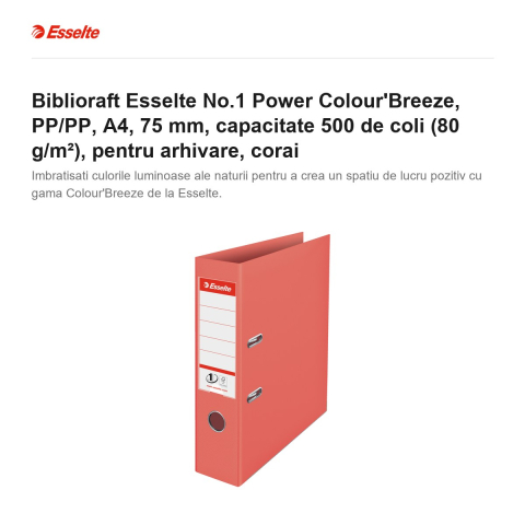 Biblioraft Esselte No.1 Power Colour'Breeze, PP/PP, A4, 75 mm, capacitate 500 de coli (80 g/m²), pentru arhivare, corai [1]
