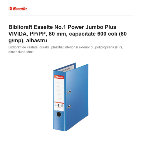 Biblioraft Esselte No.1 Power Jumbo Plus VIVIDA, PP/PP, 80 mm, capacitate 600 coli (80 g/mp), albastru [1]