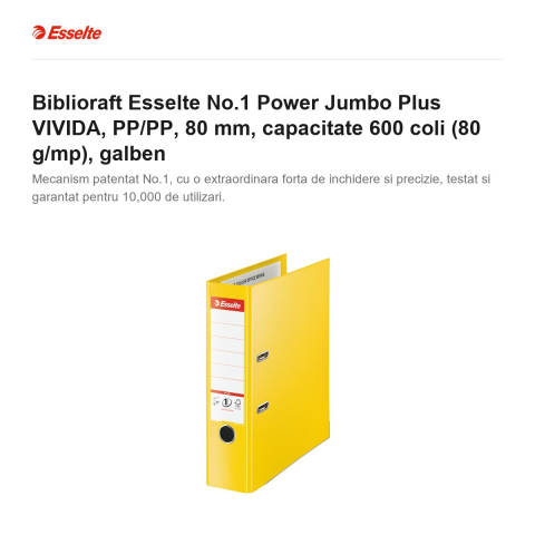 Biblioraft Esselte No.1 Power Jumbo Plus VIVIDA, PP/PP, 80 mm, capacitate 600 coli (80 g/mp), galben [1]