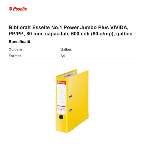 Biblioraft Esselte No.1 Power Jumbo Plus VIVIDA, PP/PP, 80 mm, capacitate 600 coli (80 g/mp), galben [2]