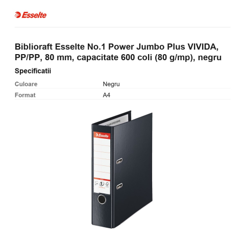 Biblioraft Esselte No.1 Power Jumbo Plus VIVIDA, PP/PP, 80 mm, capacitate 600 coli (80 g/mp), negru [2]