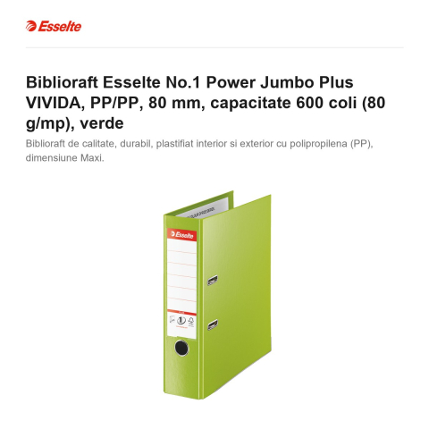 Biblioraft Esselte No.1 Power Jumbo Plus VIVIDA, PP/PP, 80 mm, capacitate 600 coli (80 g/mp), verde [1]