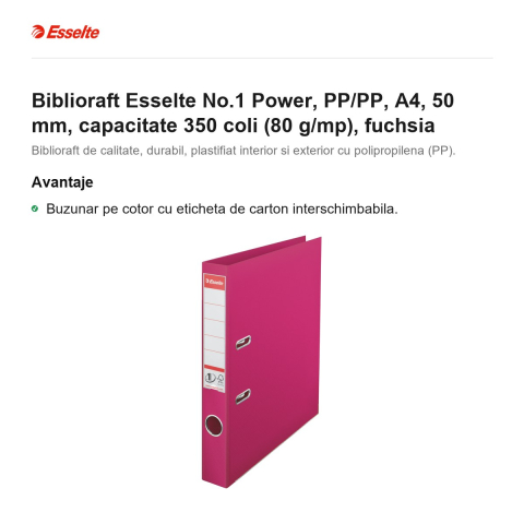 Biblioraft Esselte No.1 Power, PP/PP, A4, 50 mm, capacitate 350 coli (80 g/mp), fuchsia [1]