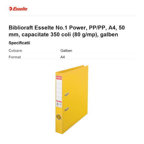 Biblioraft Esselte No.1 Power, PP/PP, A4, 50 mm, capacitate 350 coli (80 g/mp), galben [2]