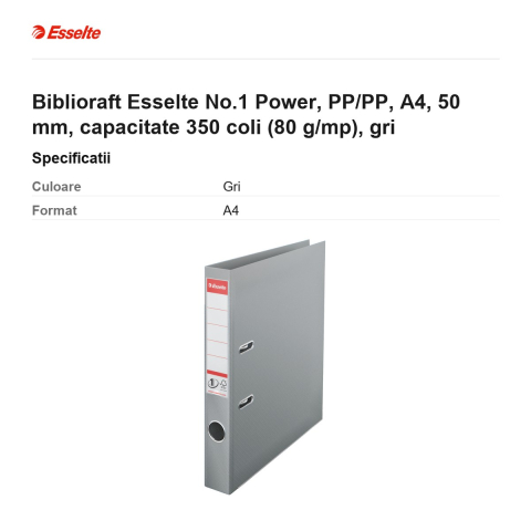 Biblioraft Esselte No.1 Power, PP/PP, A4, 50 mm, capacitate 350 coli (80 g/mp), gri [2]