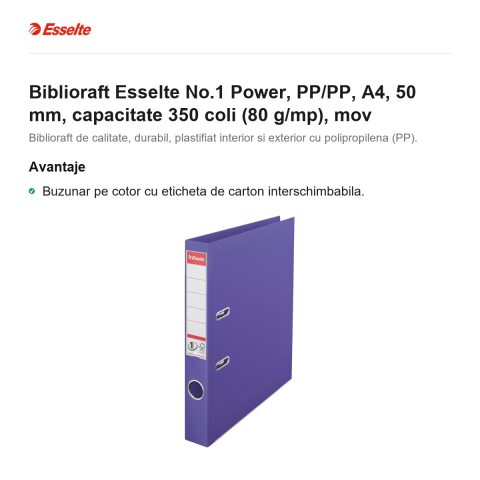 Biblioraft Esselte No.1 Power, PP/PP, A4, 50 mm, capacitate 350 coli (80 g/mp), mov [1]