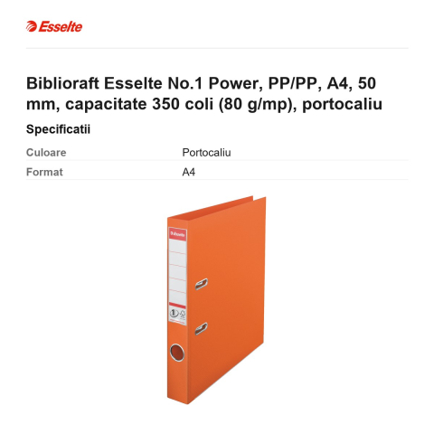 Biblioraft Esselte No.1 Power, PP/PP, A4, 50 mm, capacitate 350 coli (80 g/mp), portocaliu [2]