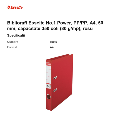 Biblioraft Esselte No.1 Power, PP/PP, A4, 50 mm, capacitate 350 coli (80 g/mp), rosu [2]