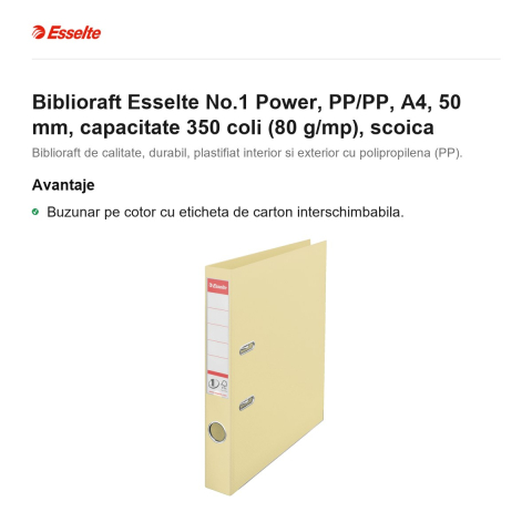 Biblioraft Esselte No.1 Power, PP/PP, A4, 50 mm, capacitate 350 coli (80 g/mp), scoica [1]