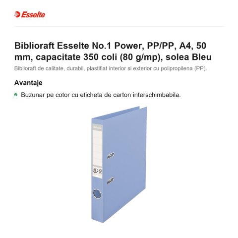 Biblioraft Esselte No.1 Power, PP/PP, A4, 50 mm, capacitate 350 coli (80 g/mp), solea Bleu [1]