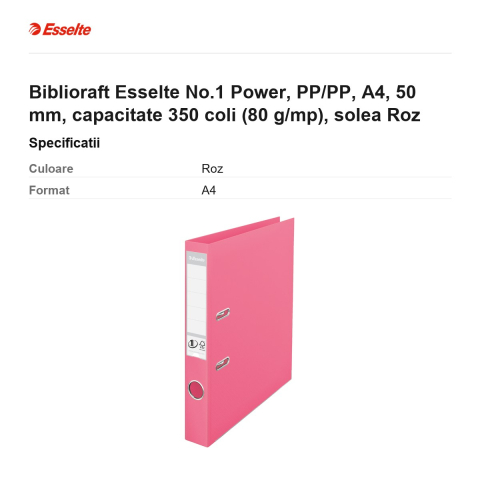 Biblioraft Esselte No.1 Power, PP/PP, A4, 50 mm, capacitate 350 coli (80 g/mp), solea Roz [2]