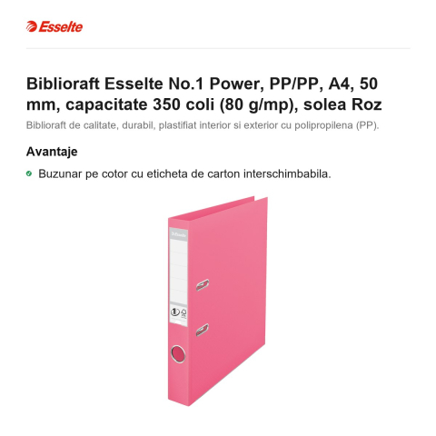 Biblioraft Esselte No.1 Power, PP/PP, A4, 50 mm, capacitate 350 coli (80 g/mp), solea Roz [1]