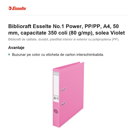 Biblioraft Esselte No.1 Power, PP/PP, A4, 50 mm, capacitate 350 coli (80 g/mp), solea Violet [1]
