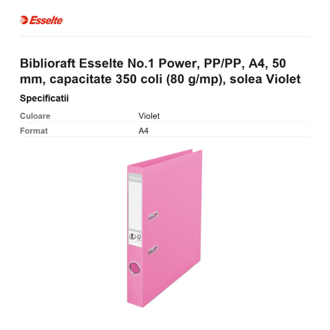 Biblioraft Esselte No.1 Power, PP/PP, A4, 50 mm, capacitate 350 coli (80 g/mp), solea Violet [2]
