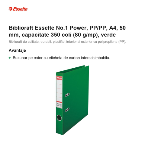 Biblioraft Esselte No.1 Power, PP/PP, A4, 50 mm, capacitate 350 coli (80 g/mp), verde [1]