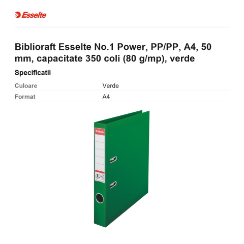 Biblioraft Esselte No.1 Power, PP/PP, A4, 50 mm, capacitate 350 coli (80 g/mp), verde [2]