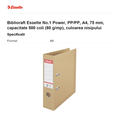 Biblioraft Esselte No.1 Power, PP/PP, A4, 75 mm, capacitate 500 coli (80 g/mp), culoarea nisipului [2]