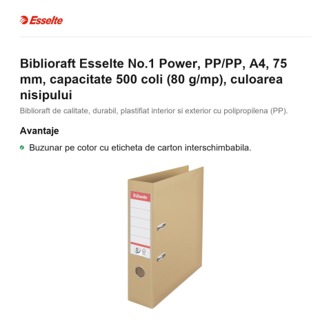 Biblioraft Esselte No.1 Power, PP/PP, A4, 75 mm, capacitate 500 coli (80 g/mp), culoarea nisipului [1]
