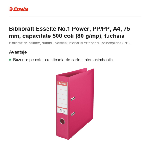 Biblioraft Esselte No.1 Power, PP/PP, A4, 75 mm, capacitate 500 coli (80 g/mp), fuchsia [1]