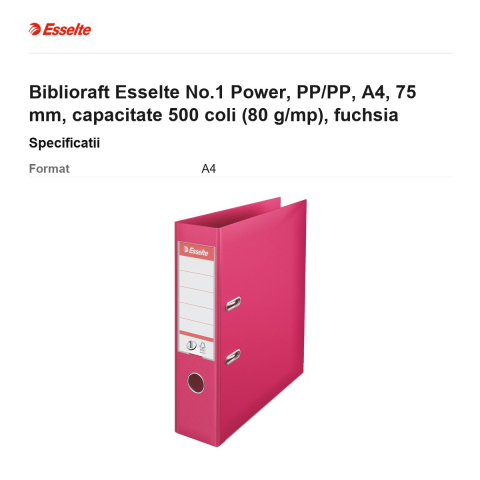 Biblioraft Esselte No.1 Power, PP/PP, A4, 75 mm, capacitate 500 coli (80 g/mp), fuchsia [2]