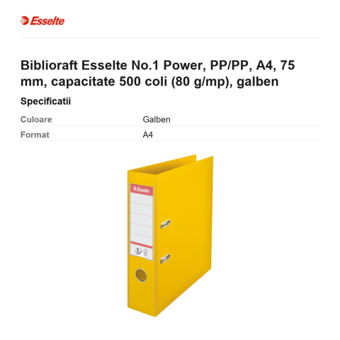 Biblioraft Esselte No.1 Power, PP/PP, A4, 75 mm, capacitate 500 coli (80 g/mp), galben [2]