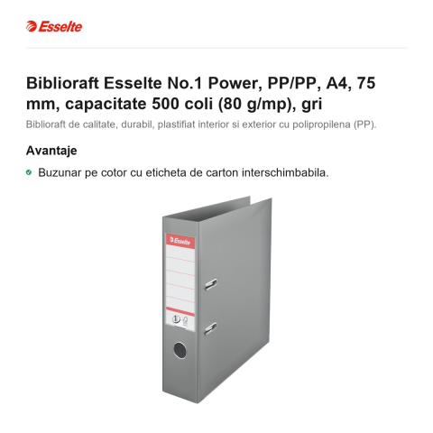 Biblioraft Esselte No.1 Power, PP/PP, A4, 75 mm, capacitate 500 coli (80 g/mp), gri [1]